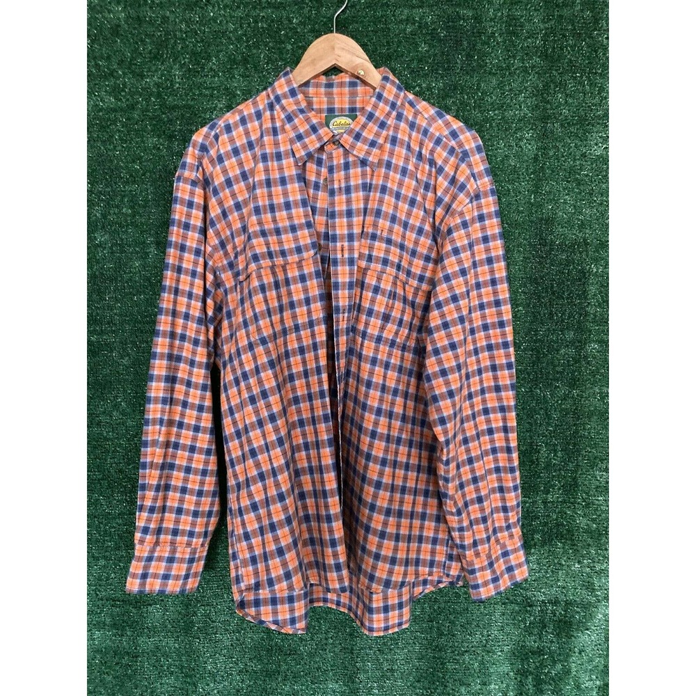 Cabela's Men's Orange Gray Plaid Long Sleeve Button Down Pocket Shirt Size XL